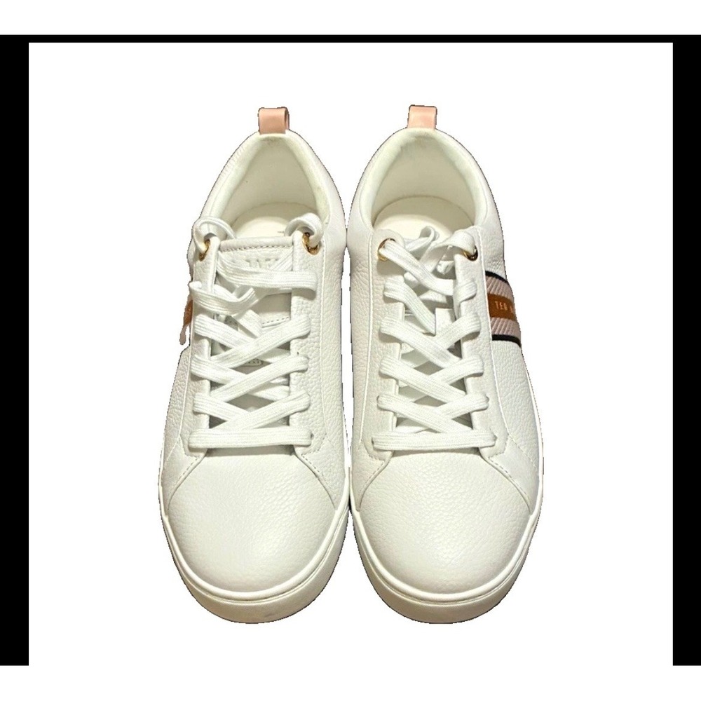 Ted Baker Jart Womens White Pebbled Leather Webbed Stripe Sneakers Size 11